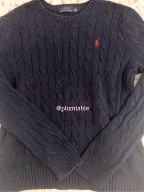Ralph Lauren Navy Cable Knit Crewneck Sweater with Red Pony